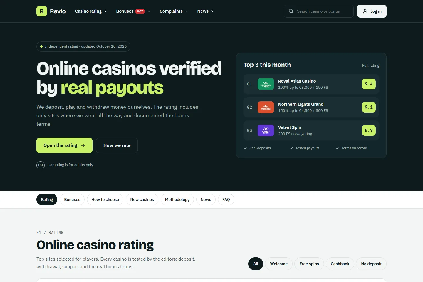 Casino rating on the front page of the Revio demo