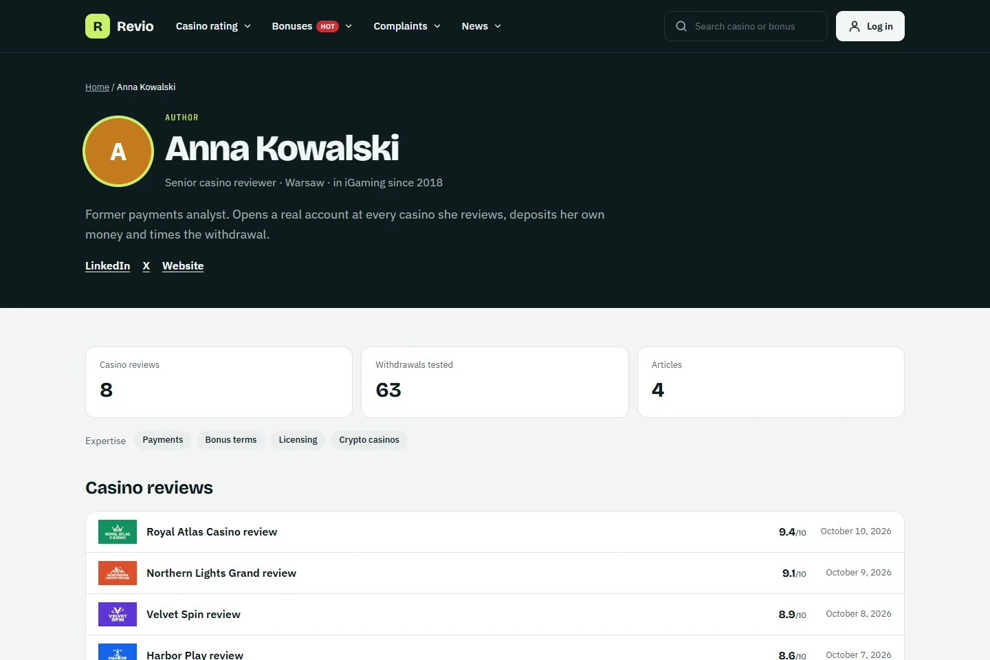 An author page in Revio