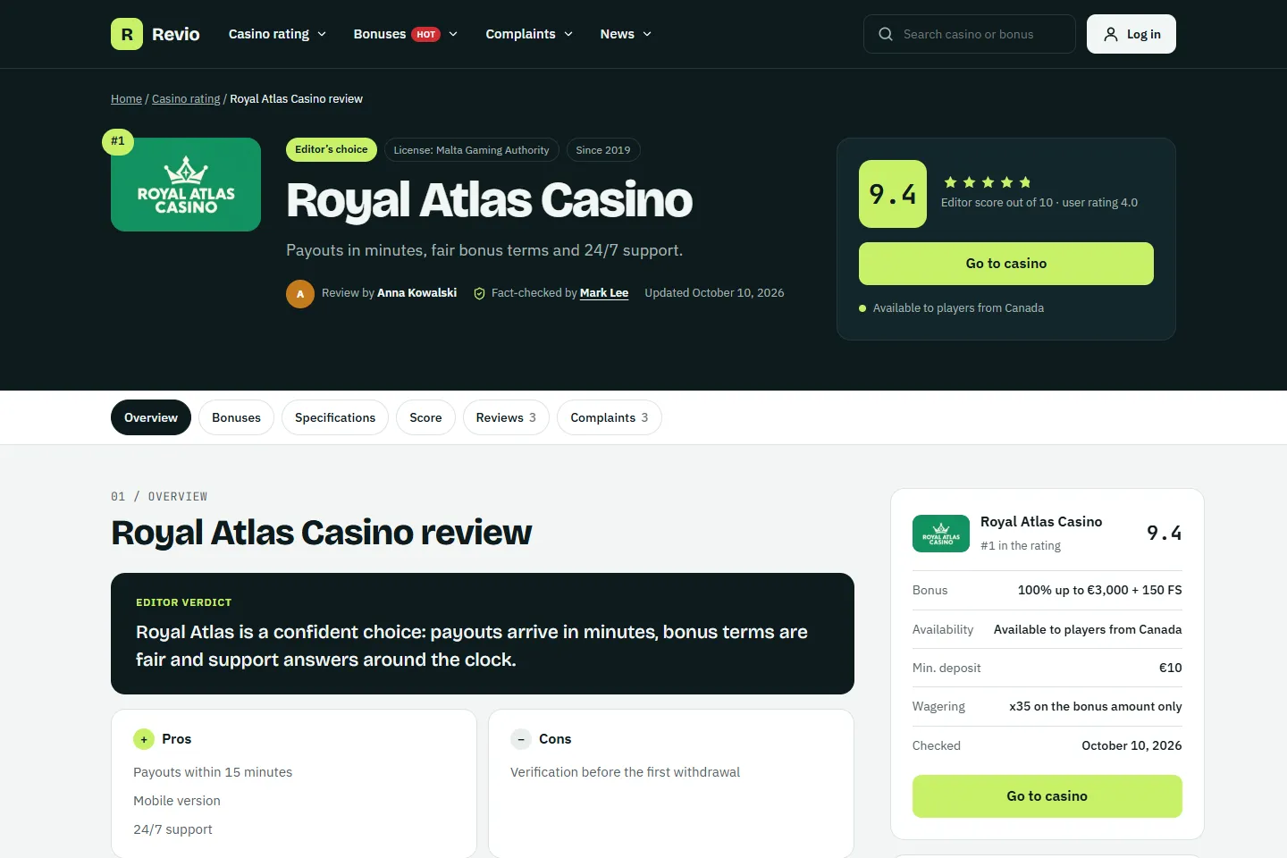 A casino review page in Revio
