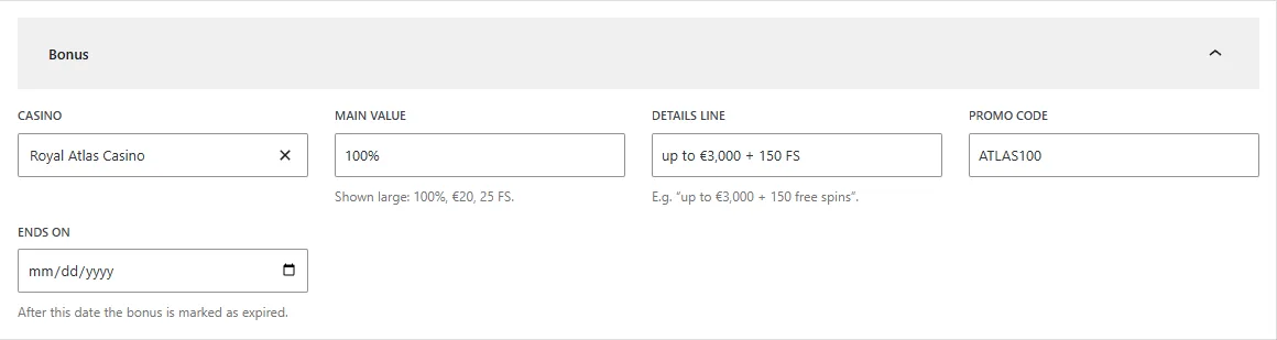 Main bonus fields