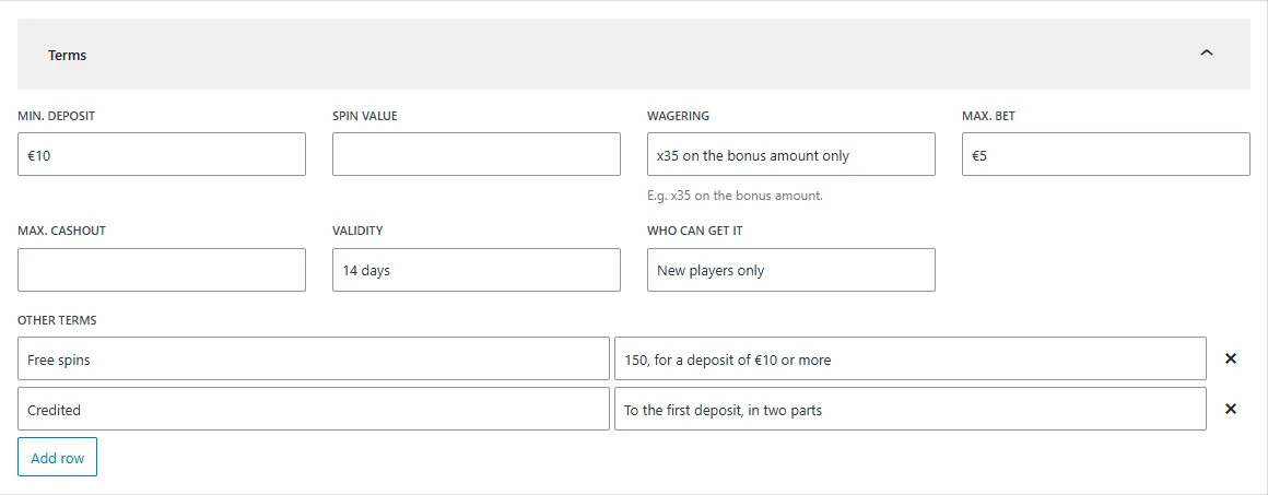 Bonus terms fields