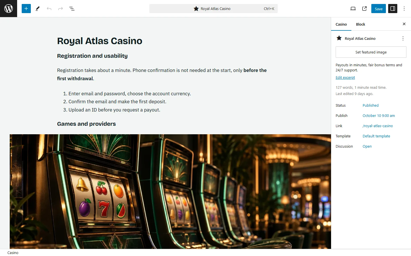 Casino edit screen in the block editor