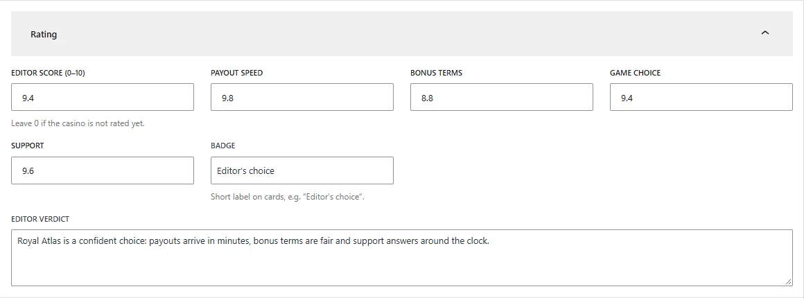 Rating fields of a casino