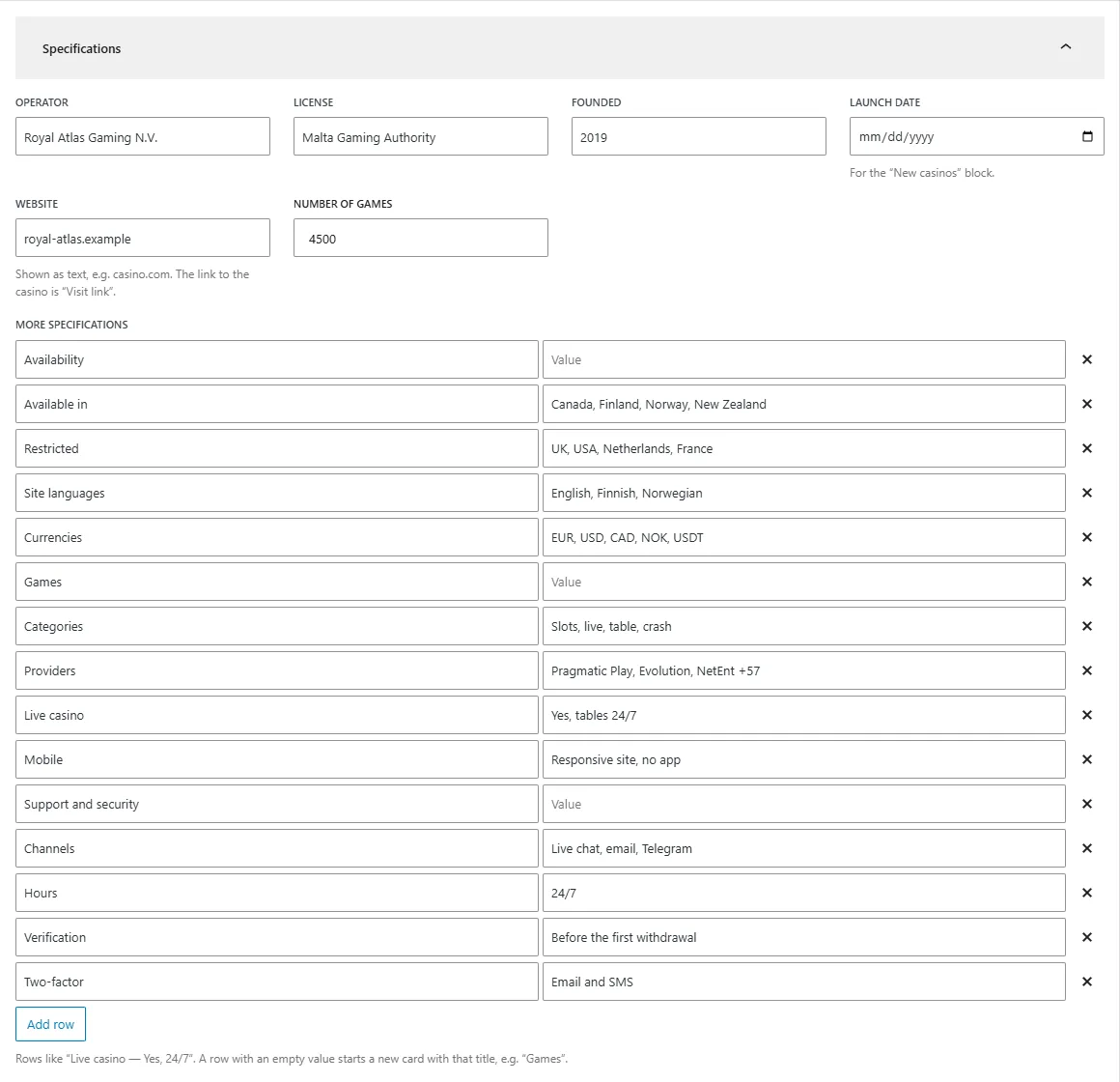 Specifications fields of a casino