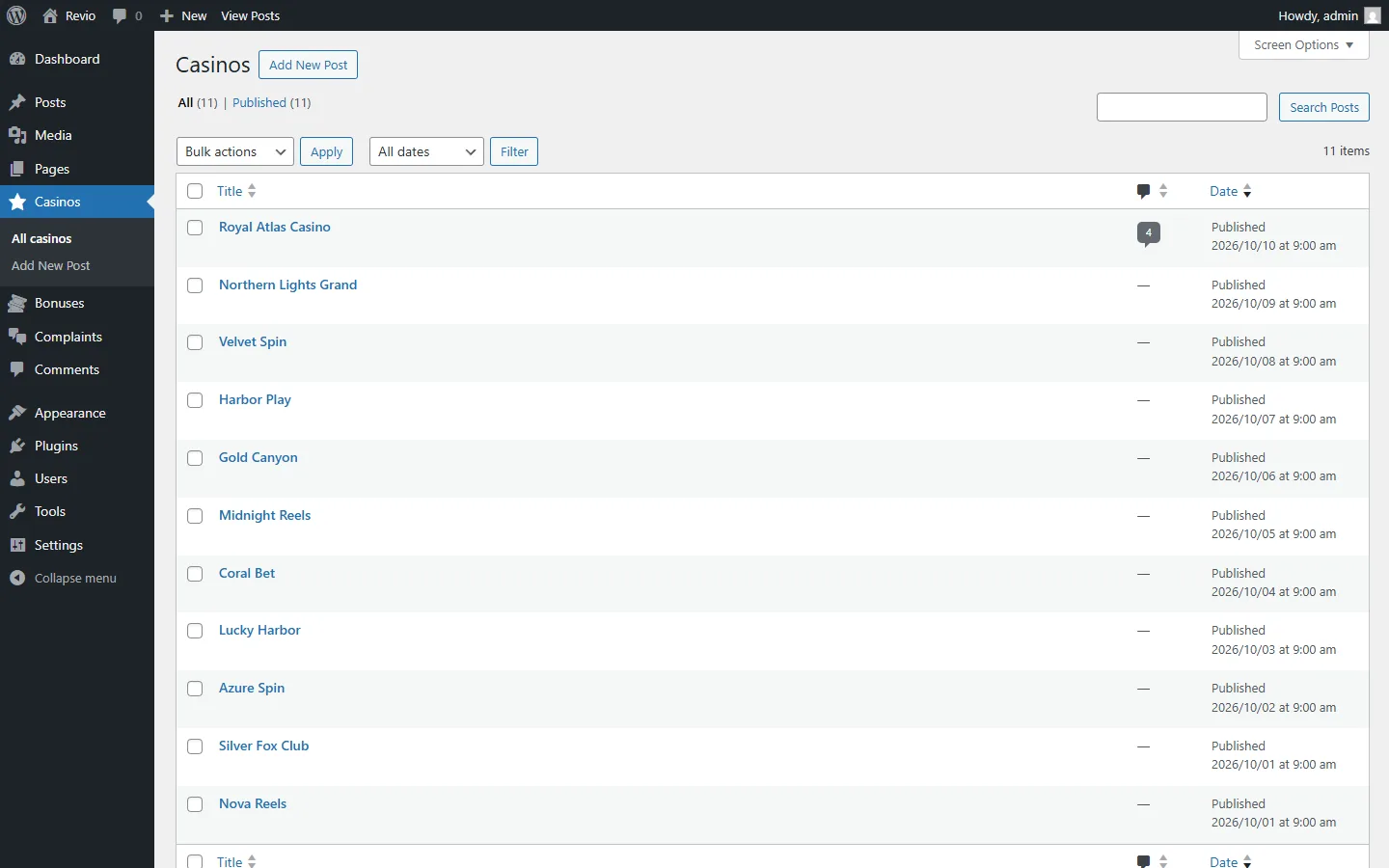 The list of casinos in the dashboard