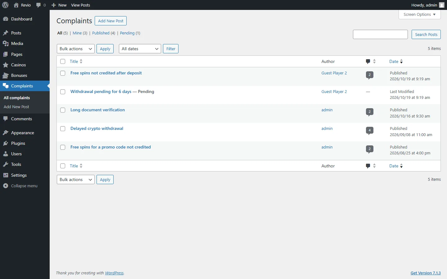 Complaints list in the dashboard
