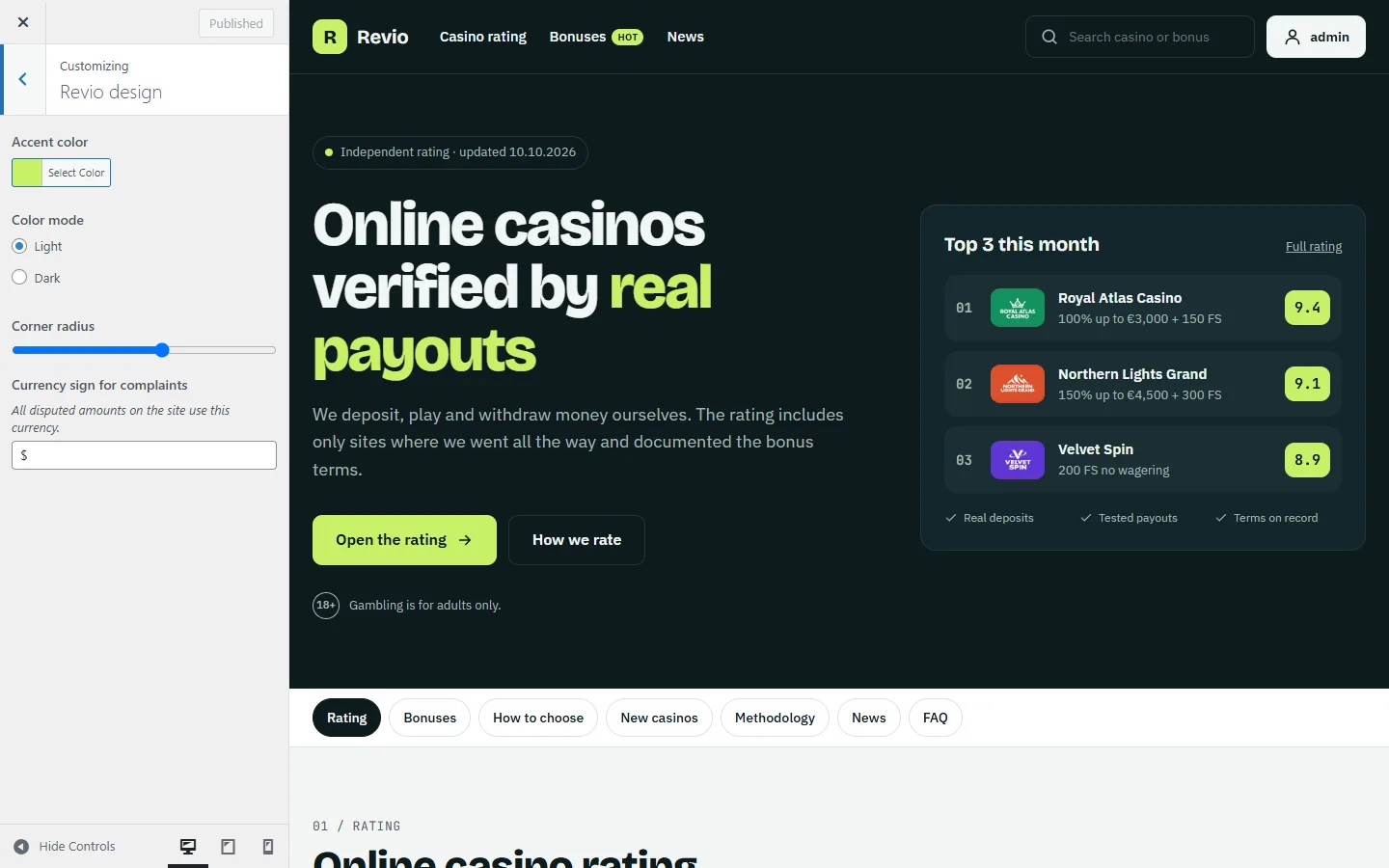 Customizer with the Revio design section