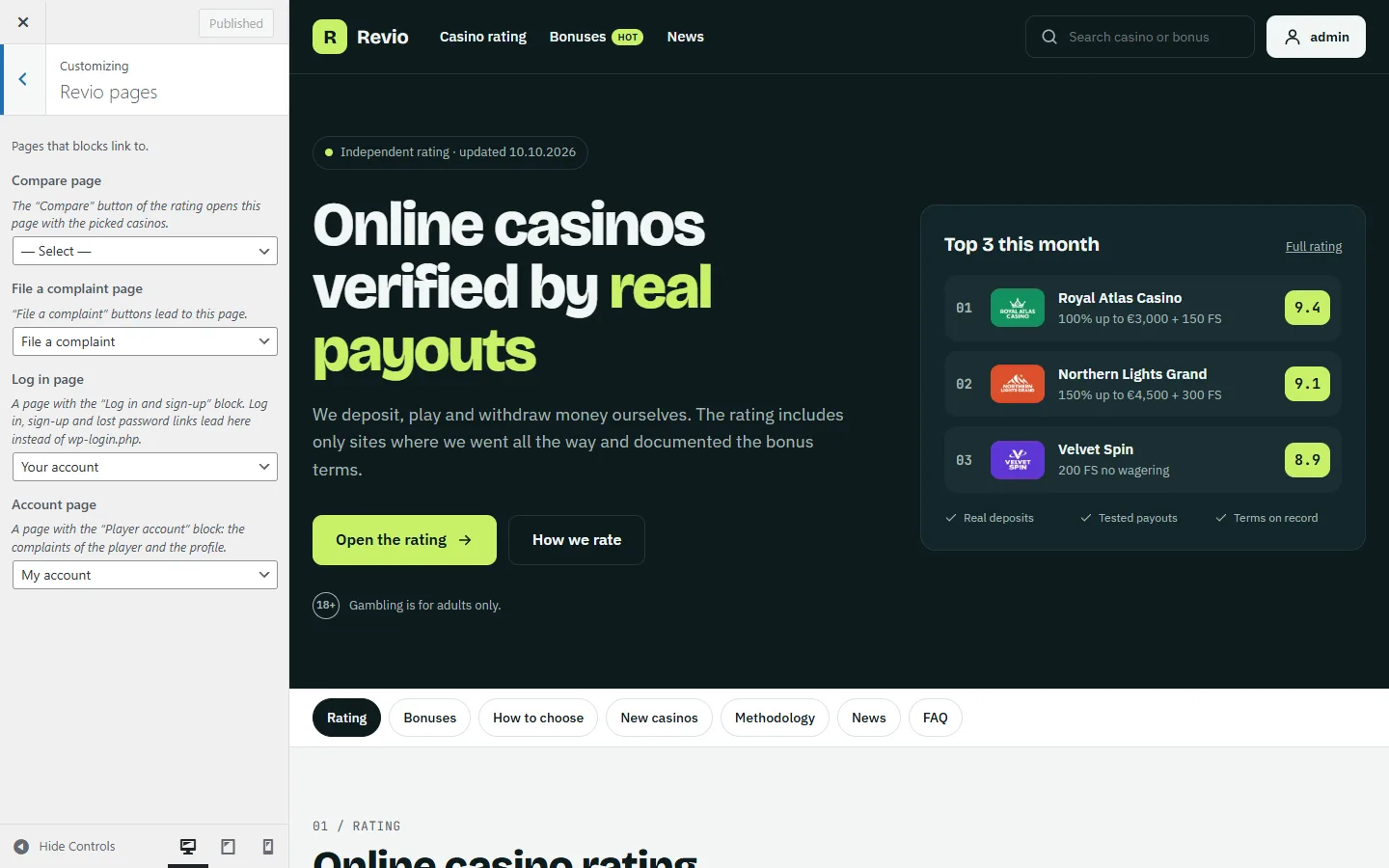 Customizer with the Revio pages section