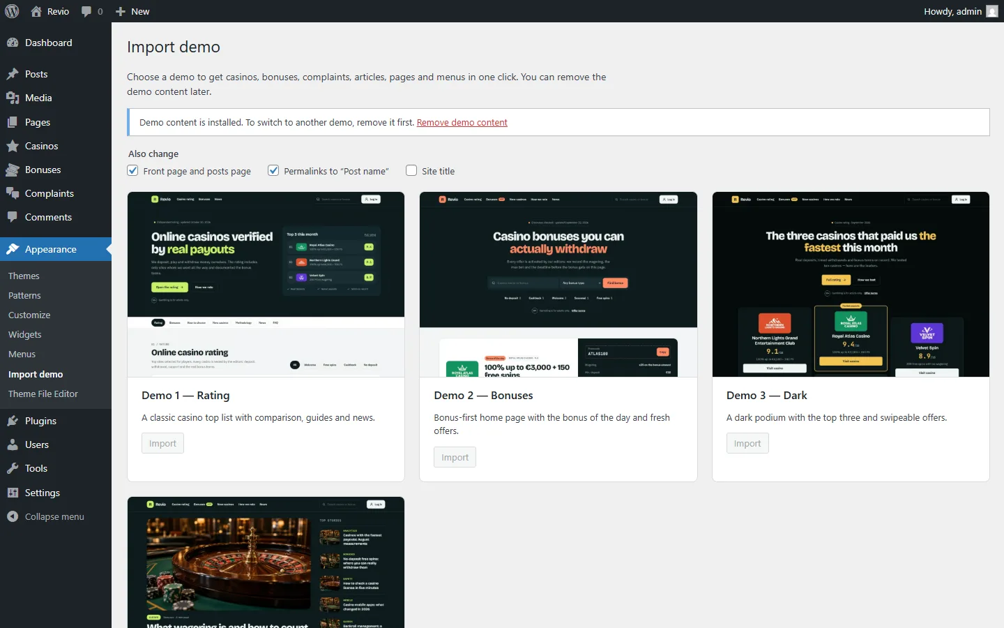 Import demo screen with four demos