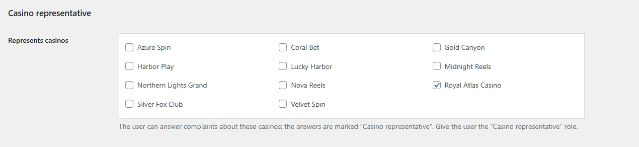 Represents casinos field in the user profile