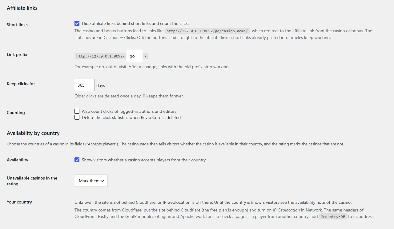 Settings of affiliate links