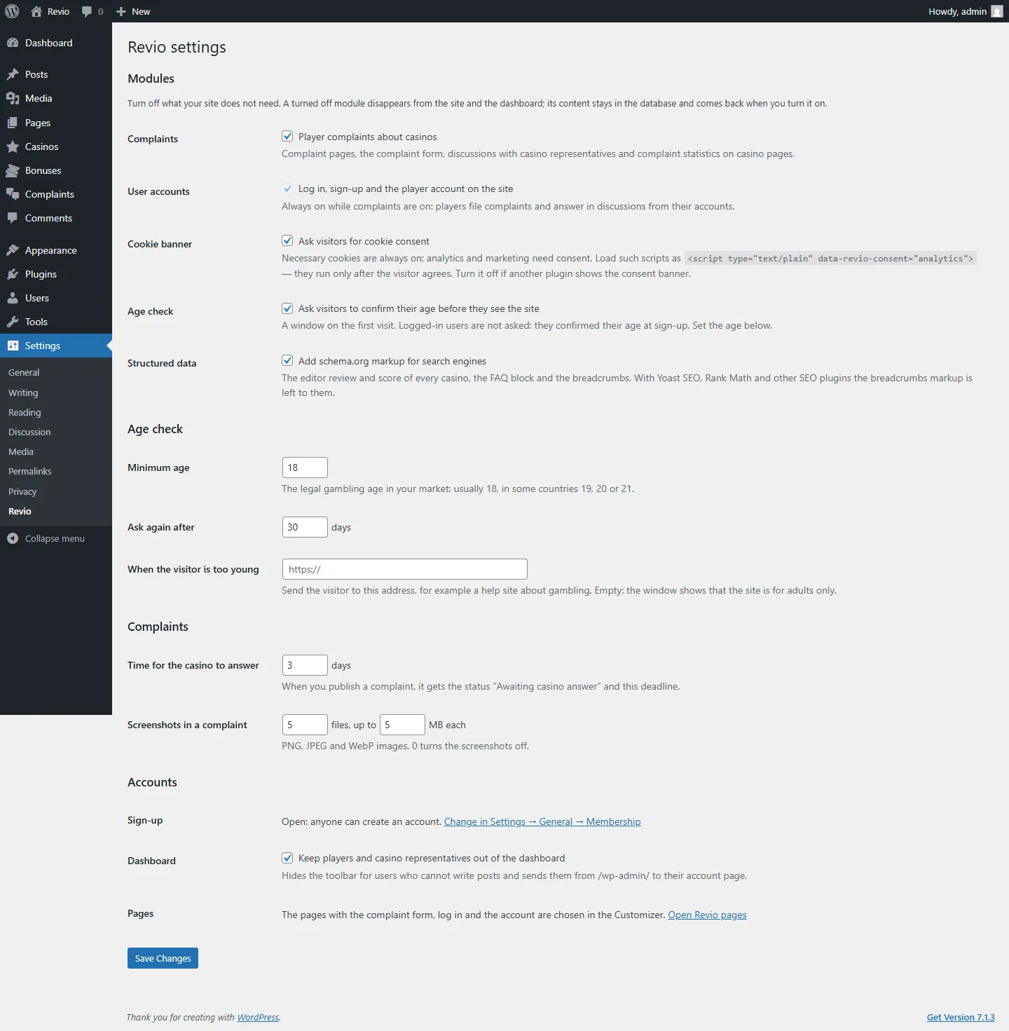 Revio settings screen