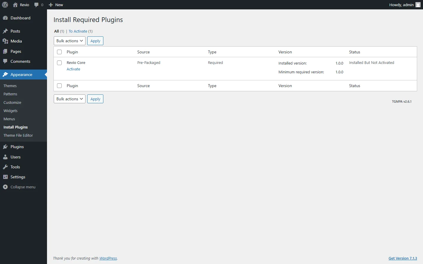 Install Required Plugins screen with Revio Core
