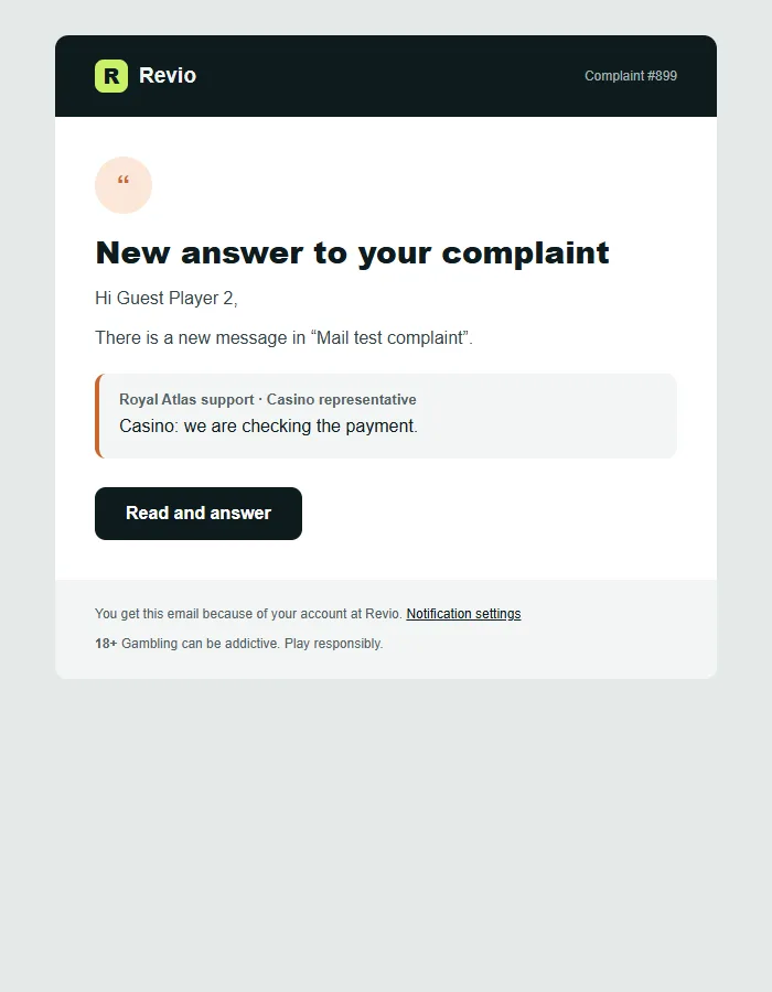 An email about a new answer in a complaint