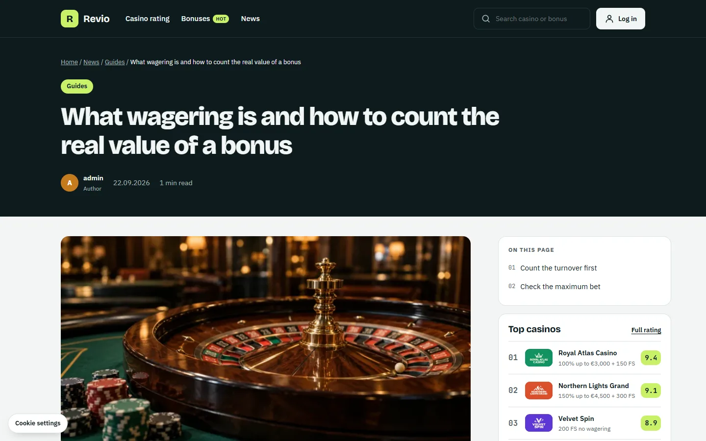 An article with the table of contents and top casinos
