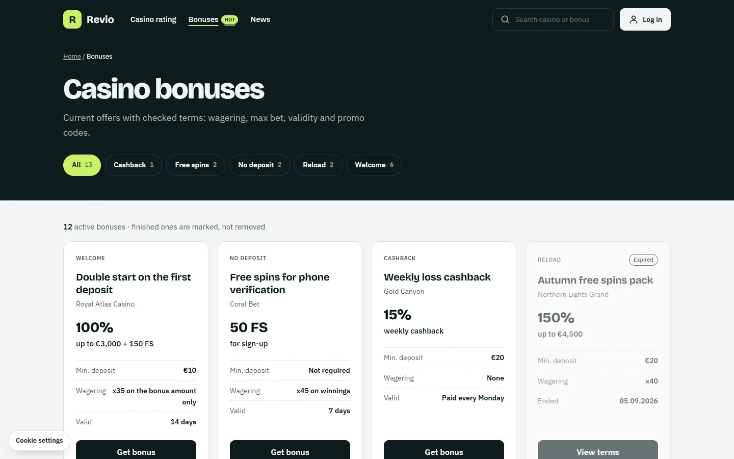 The list of bonuses with type chips