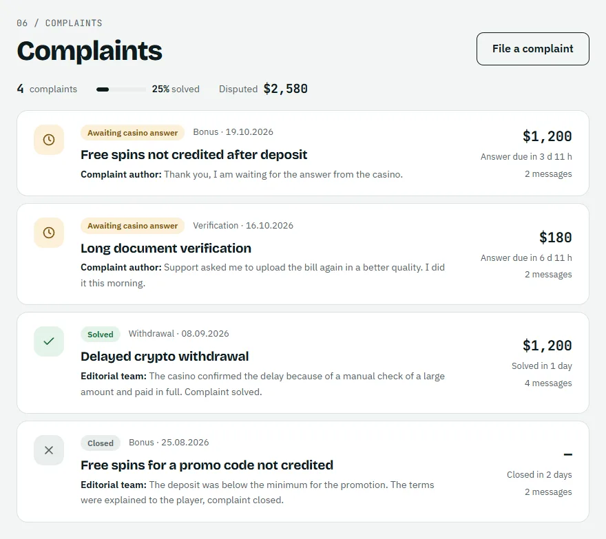 Complaints section on a casino page