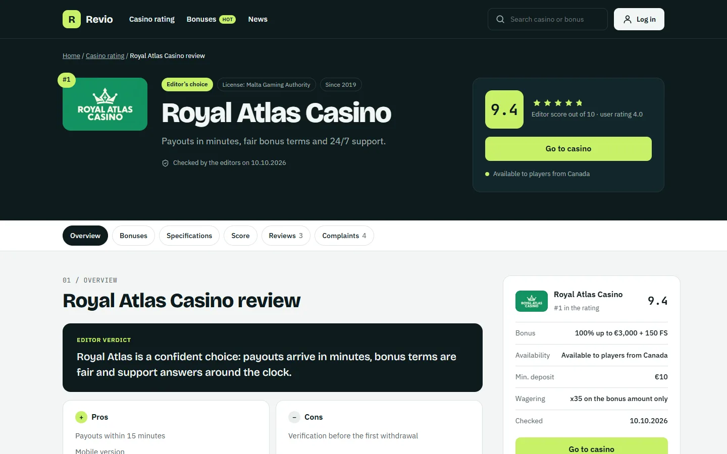 A casino review page on the site