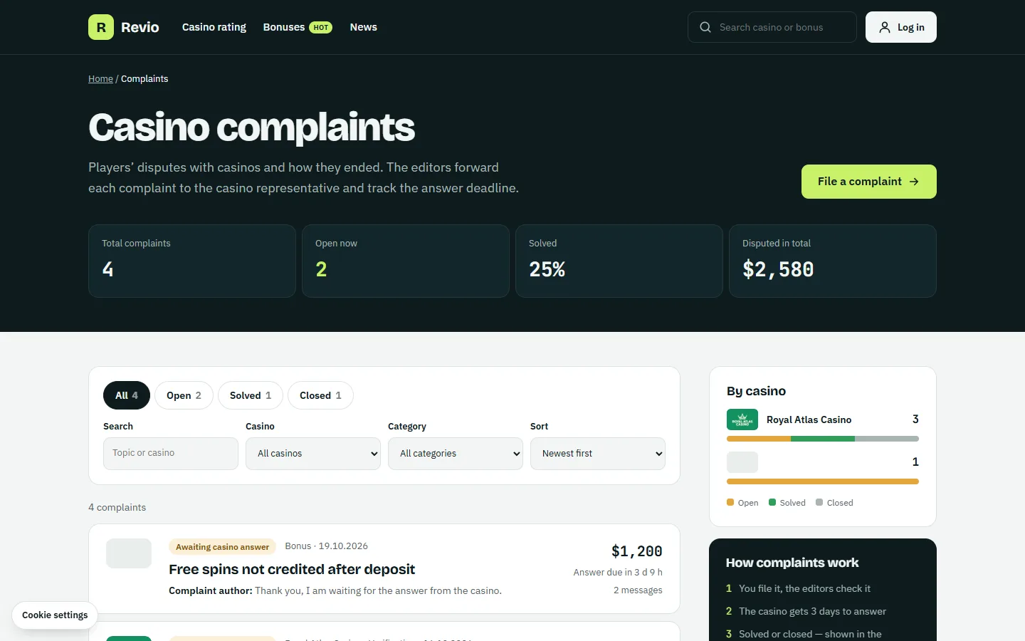 The complaint list with filters