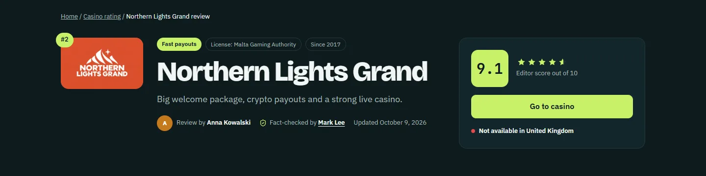Author, fact-checker and update date under a casino title