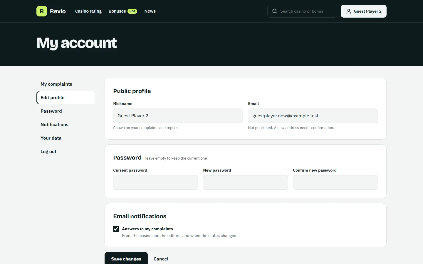 Edit profile page
