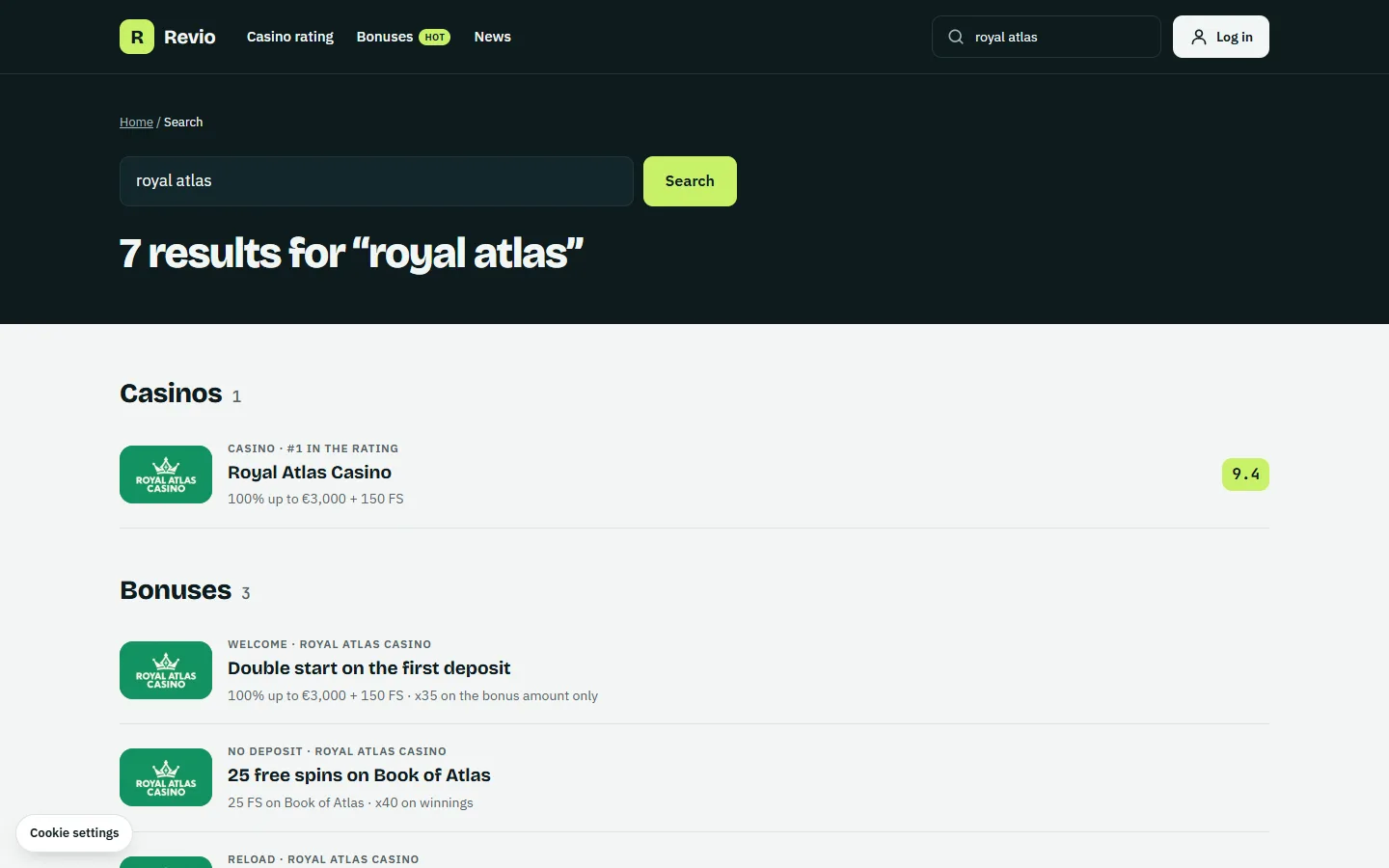 Search results grouped by type